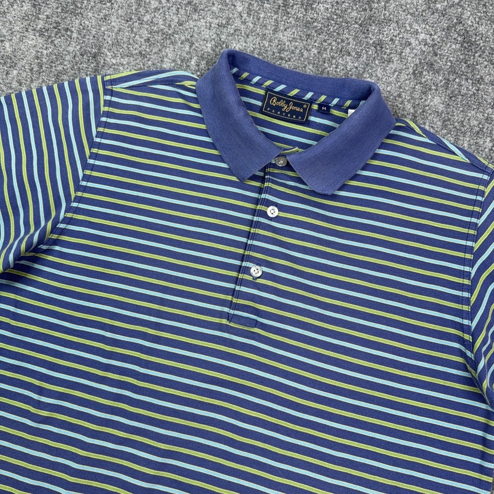 Bobby Jones Players Golf Polo Shirt Mens M Blue Green Striped 100% Cotton Knit